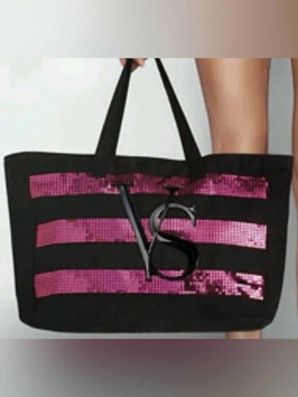 Victoria secret tote Stylish Black Tote with Pink Sequin Stripes